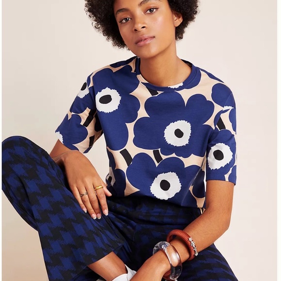 Marimekko Nea Pieni Unikko Navy and Cream Floral Top XS - Picture 6 of 7